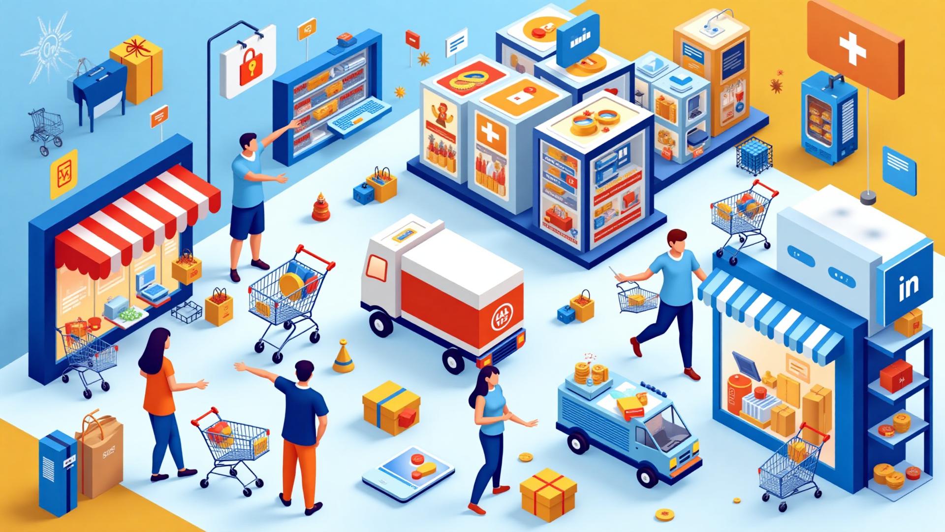 E-commerce marketplace hero background featuring online storefronts, shopping, and marketplace elements